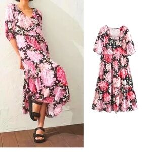 H&M pink and black floral puff sleeved dress